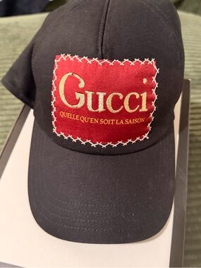 Gucci Black Cap with Red Patch and Gold Logo